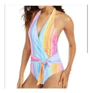 NEW RACHEL Rachel Roy One Piece Swim Suit Swimwear XL Rainbow Halter Wrap